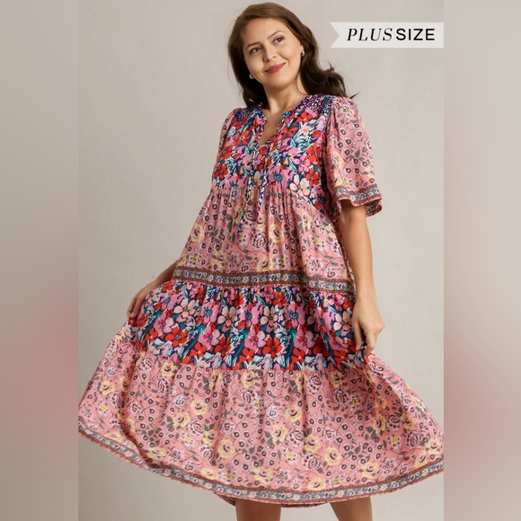 NWT Umgee Boutique Boho Berry Pink Hippy Floral Print Dress Plus XL-2X - Picture 2 of 9